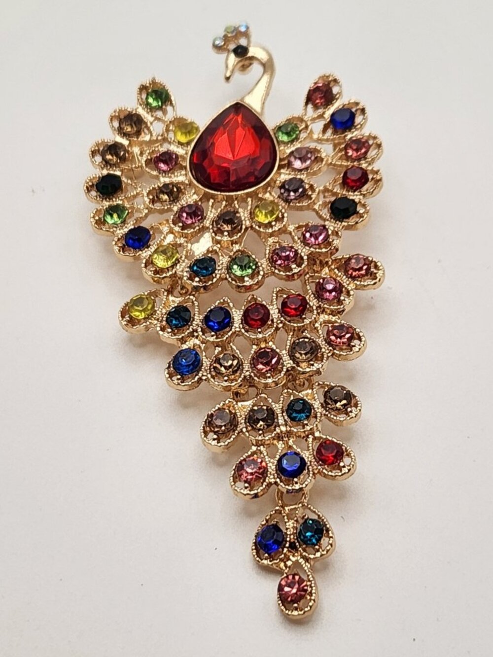 *SPECIAL* Colorful peacock brooch articulated gold tone NIP